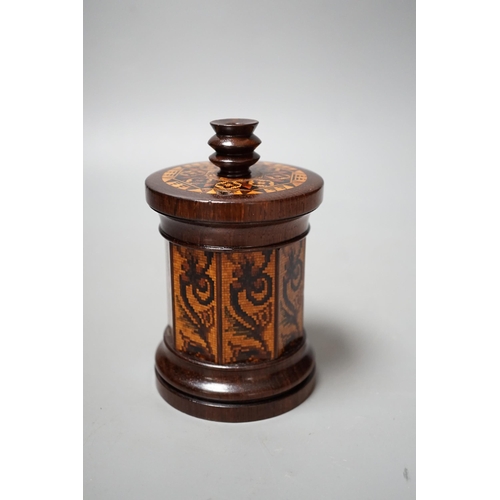 1452 - A Tunbridge ware rosewood tesserae mosaic sewing thread box with taperstick top, 13.5cm high