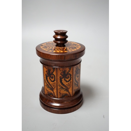 1452 - A Tunbridge ware rosewood tesserae mosaic sewing thread box with taperstick top, 13.5cm high