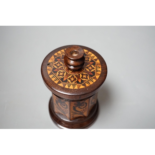 1452 - A Tunbridge ware rosewood tesserae mosaic sewing thread box with taperstick top, 13.5cm high