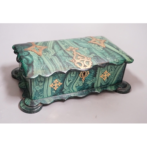 1454 - A Victorian papier-mâché-mache faux malachite, brass mounted jewellery box, 21cms wide x 12.5cms dee... 