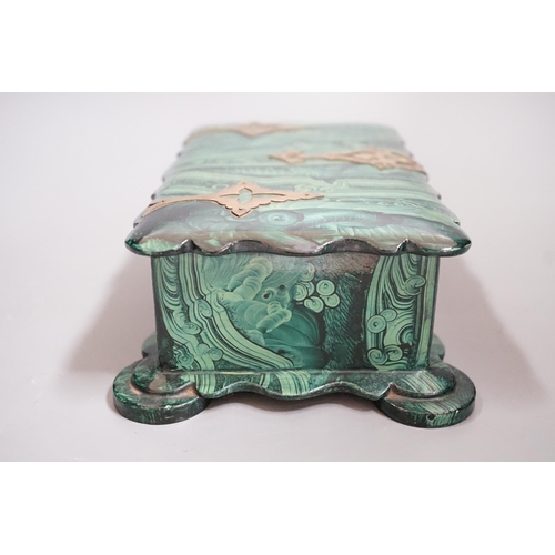 1454 - A Victorian papier-mâché-mache faux malachite, brass mounted jewellery box, 21cms wide x 12.5cms dee... 