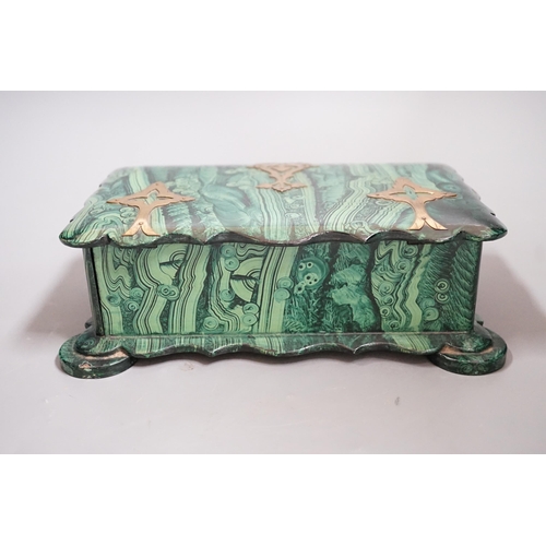 1454 - A Victorian papier-mâché-mache faux malachite, brass mounted jewellery box, 21cms wide x 12.5cms dee... 