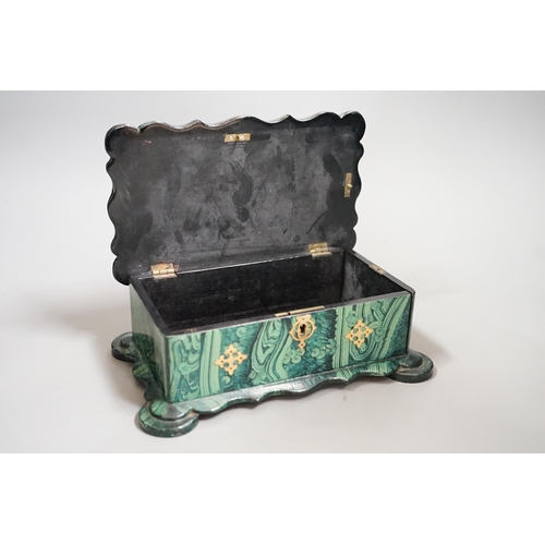 1454 - A Victorian papier-mâché-mache faux malachite, brass mounted jewellery box, 21cms wide x 12.5cms dee... 