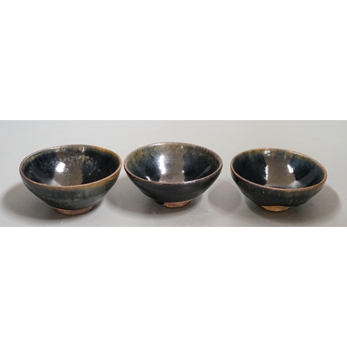 1459 - Three Chinese Jian type hare's fur bowls, 9cms diameter