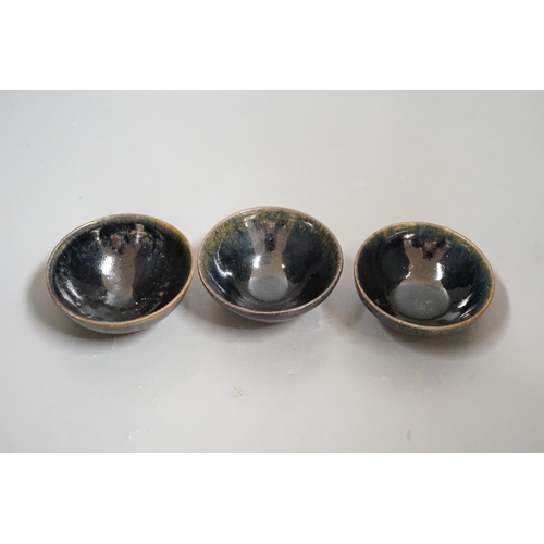 1459 - Three Chinese Jian type hare's fur bowls, 9cms diameter