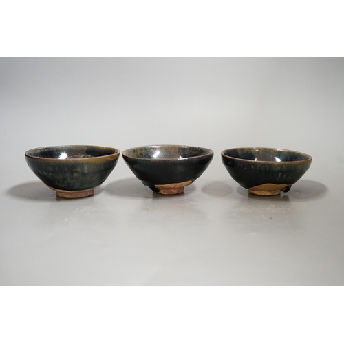 1459 - Three Chinese Jian type hare's fur bowls, 9cms diameter