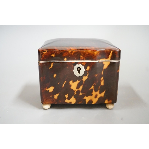 1460 - A rare small 19th century tortoiseshell and ivory mounted tea caddy, 9cms wide x 10cms high Ivory su... 