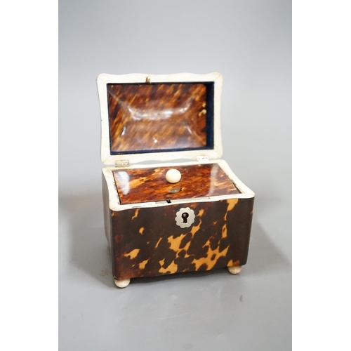 1460 - A rare small 19th century tortoiseshell and ivory mounted tea caddy, 9cms wide x 10cms high Ivory su... 