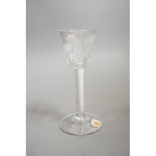 1463 - A Jacobite airtwist wine glass, c.1745, collector's label, 15cms high