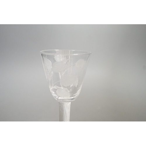 1463 - A Jacobite airtwist wine glass, c.1745, collector's label, 15cms high