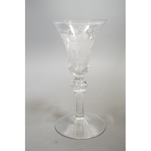 1465 - An 18th century Newcastle type baluster wine glass, 18cms high