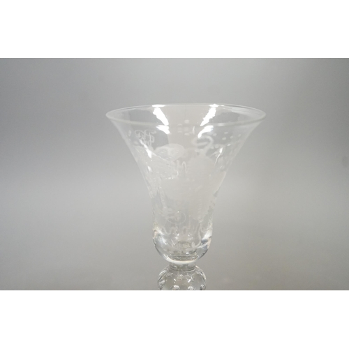 1465 - An 18th century Newcastle type baluster wine glass, 18cms high