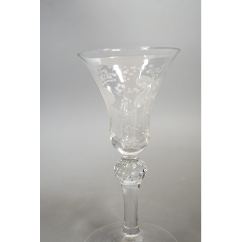 1465 - An 18th century Newcastle type baluster wine glass, 18cms high