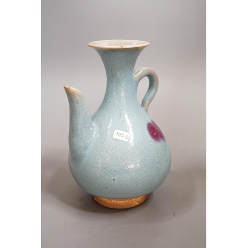 1476 - A Jun style purple splashed ewer, 17.5cms