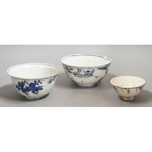 1477 - Three Chinese late Ming blue and white bowls, one painted with figures in a boat on horseback and in... 