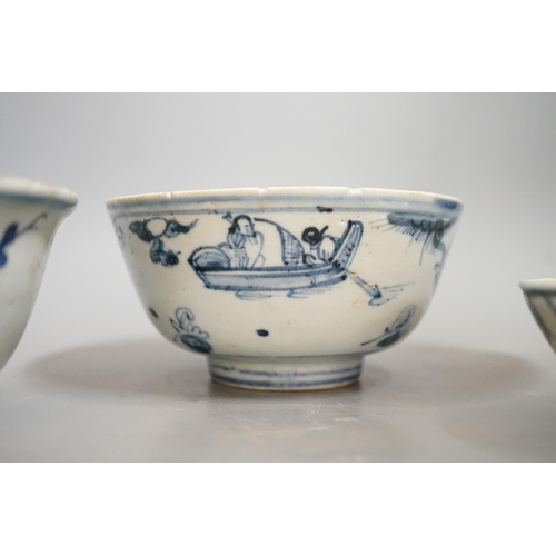 1477 - Three Chinese late Ming blue and white bowls, one painted with figures in a boat on horseback and in... 