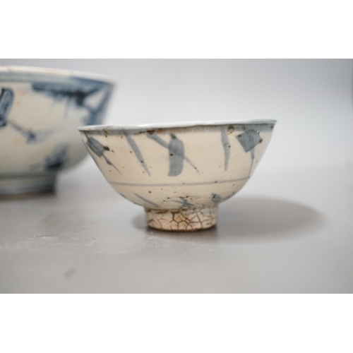 1477 - Three Chinese late Ming blue and white bowls, one painted with figures in a boat on horseback and in... 