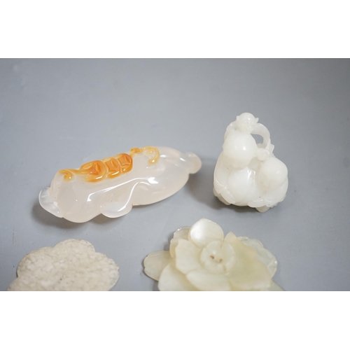 1480 - Two Chinese jade flower head carvings, Ming dynasty, a white Jade group of two boys and a monkey and... 