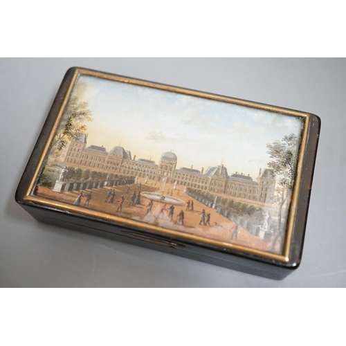 1486 - A 19th century French tortoiseshell snuff box, the top with reverse painted glass scene Tuileries Pa... 