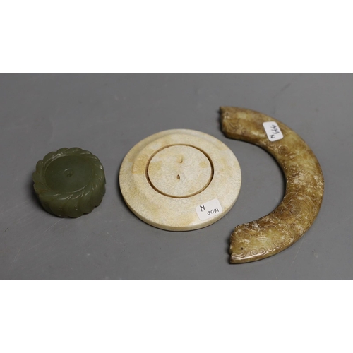 1501 - Three Chinese jade carvings - a huang, a disc and cash money