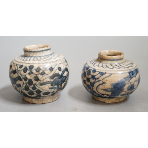 1506 - Two Chinese Swatow blue and white jarlets, early 17th century, 5cm tall Provenance- collected by the... 