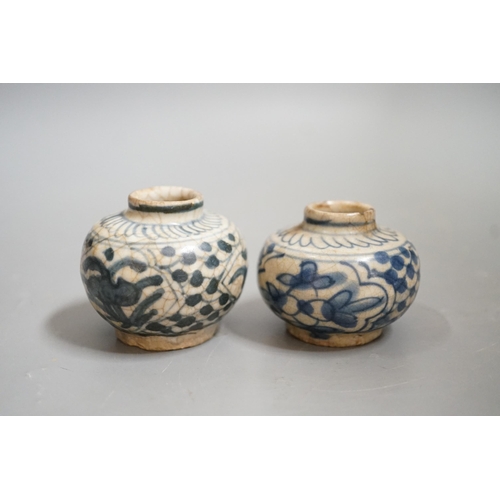 1506 - Two Chinese Swatow blue and white jarlets, early 17th century, 5cm tall Provenance- collected by the... 