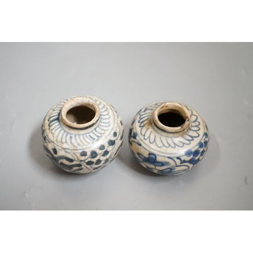 1506 - Two Chinese Swatow blue and white jarlets, early 17th century, 5cm tall Provenance- collected by the... 