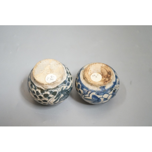 1506 - Two Chinese Swatow blue and white jarlets, early 17th century, 5cm tall Provenance- collected by the... 