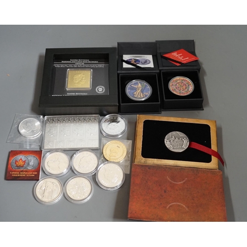 1522 - Ten bullion silver 1oz. commemorative coins, a bullion silver 2oz. coin and a Canada 2oz. silver ing... 