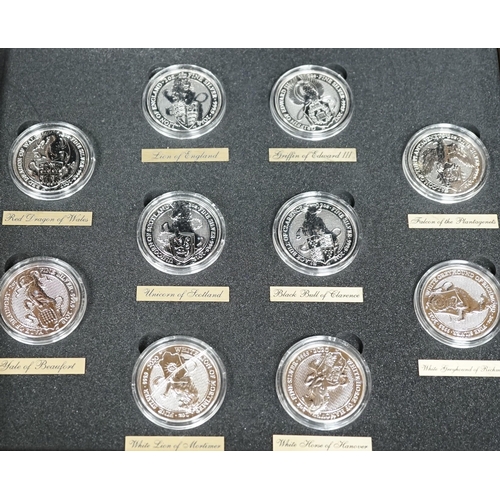 1524 - A cased set of of ten Queen's Beasts 2oz. bullion silver £5 coins