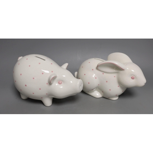 1527 - Tiffany rabbit and pig money banks, original boxes, pig 20cm wide