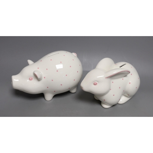 1527 - Tiffany rabbit and pig money banks, original boxes, pig 20cm wide