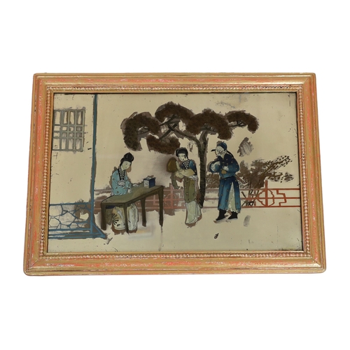 1555 - A 19th century Chinese reverse painted glass mirror,  depicting a female scholar and figures in a ga... 