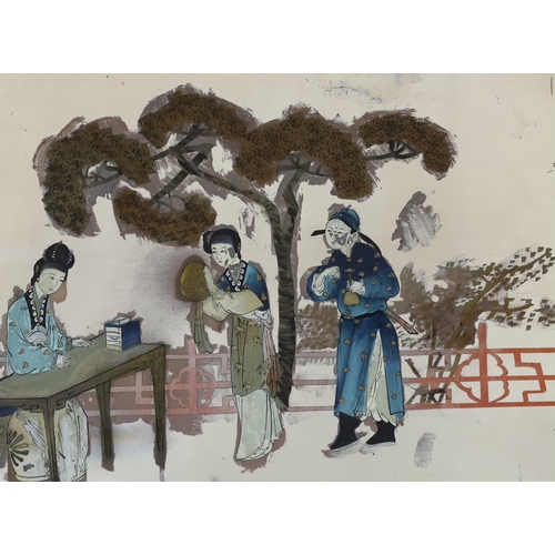 1555 - A 19th century Chinese reverse painted glass mirror,  depicting a female scholar and figures in a ga... 