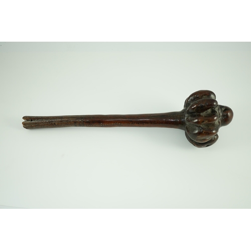 1571 - A Fijian hardwood throwing club, with zig-zag relief carved handle and further irregular spotted dec... 