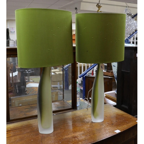 1587 - A pair contemporary green and opaque glass table lamps with shades, 90cm total height