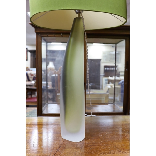 1587 - A pair contemporary green and opaque glass table lamps with shades, 90cm total height