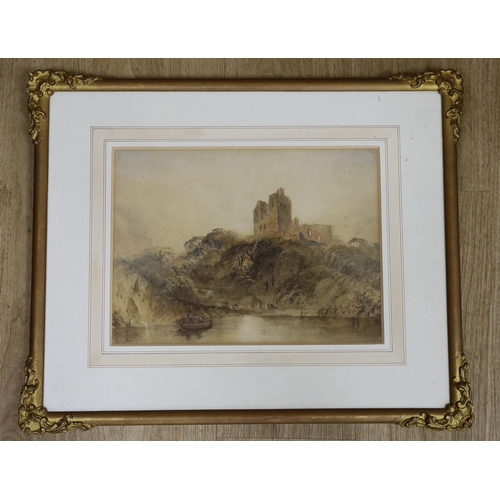 1664 - Anthony Vandyke Copley-Fielding (1787-1855), watercolour, Boatman with castle ruins beyond, signed, ... 