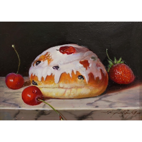 1666 - Raymond Campbell (b.1956),oil on board, 'Iced Bun with Cherries', signed, 14 x 19cm