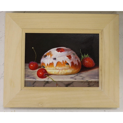 1666 - Raymond Campbell (b.1956),oil on board, 'Iced Bun with Cherries', signed, 14 x 19cm