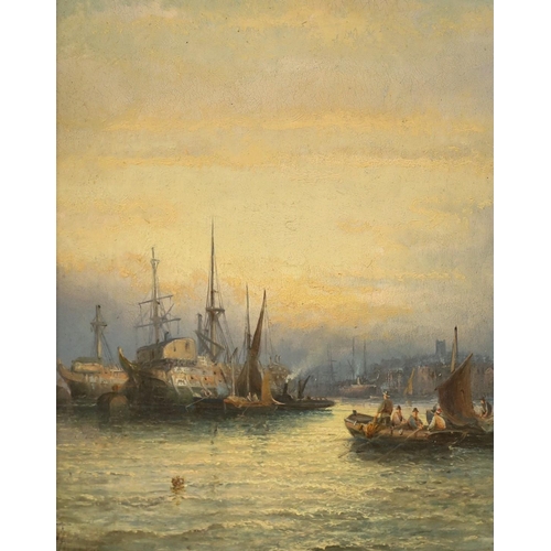 1667 - William Thornley (fl.1858-1898), oil on board, Shipping in harbour, signed, 24 x 18.5cm