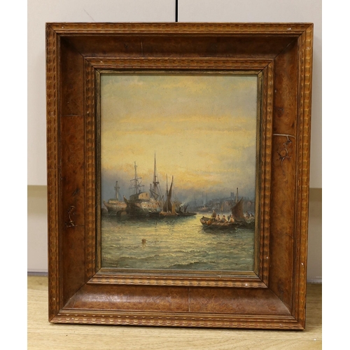 1667 - William Thornley (fl.1858-1898), oil on board, Shipping in harbour, signed, 24 x 18.5cm