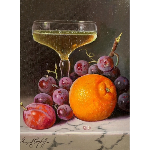 1670 - Raymond Campbell (b.1956), oil on canvas, 'Glass with orange and fruit', signed, 22 x 17cm