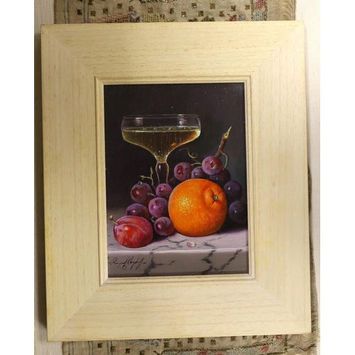 1670 - Raymond Campbell (b.1956), oil on canvas, 'Glass with orange and fruit', signed, 22 x 17cm