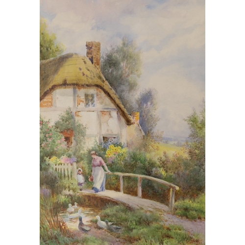 1672 - Noel Smith (fl.1889-1900), watercolour, Figures and ducks in a cottage garden, signed, 34 x 25cm... 