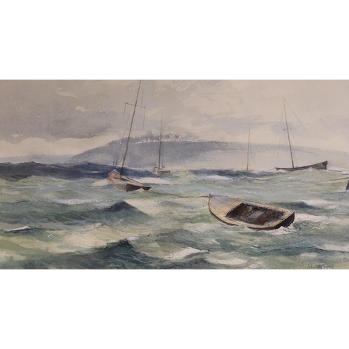 1675 - John Alford (b.1929), watercolour, Yacht moored in a rough sea, signed, 13 x 24cm