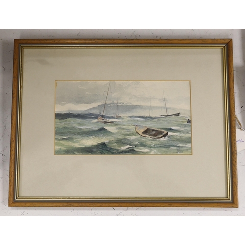 1675 - John Alford (b.1929), watercolour, Yacht moored in a rough sea, signed, 13 x 24cm