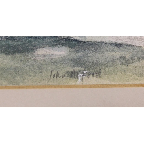 1675 - John Alford (b.1929), watercolour, Yacht moored in a rough sea, signed, 13 x 24cm