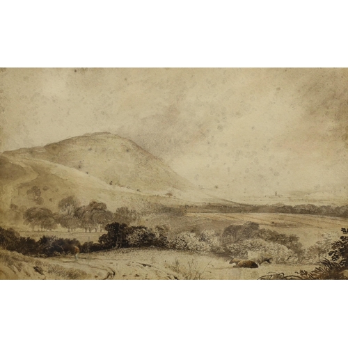 1676 - Anthony Van Dyke Copley Fielding (1787-1855), monochrome watercolour, 'The Castle Hill, Folkestone',... 