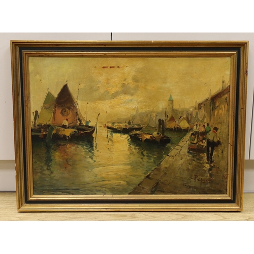 1692 - Pergal, oil on canvas, Continental harbour scene, signed, 49 x 69cm